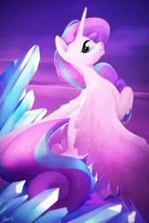 Size: 1426x2121 | Tagged: safe, artist:imalou, derpibooru import, princess flurry heart, alicorn, pony, the crystalling, crystal, female, flying, looking at you, mare, older, smiling, solo