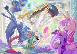 Size: 1169x826 | Tagged: safe, artist:jowybean, derpibooru import, discord, princess cadance, princess celestia, princess luna, twilight sparkle, twilight sparkle (alicorn), alicorn, pony, ball and chain, cake, caught, color porn, cringing, discord being discord, ethereal mane, facehoof, female, food, gritted teeth, mare, sparkly mane, spread wings, starry mane, twilight is not amused, unamused, wings