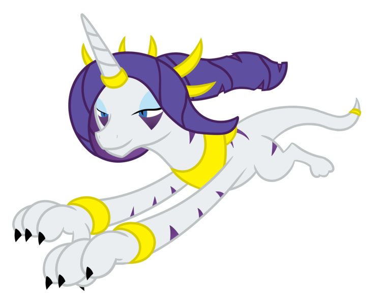 Size: 2500x1970 | Tagged: artist:gatesmccloud, artist:skyspeardraw, bedroom eyes, chaos, claws, cmc10k, comic, corrupted, demon pony, derpibooru import, horn ring, jumping, rarity, safe, simple background, slit eyes, smiling, solo, species swap, transparent background, vector