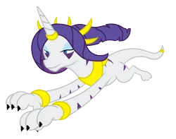 Size: 2500x1970 | Tagged: artist:gatesmccloud, artist:skyspeardraw, bedroom eyes, chaos, claws, cmc10k, comic, corrupted, demon pony, derpibooru import, horn ring, jumping, rarity, safe, simple background, slit eyes, smiling, solo, species swap, transparent background, vector