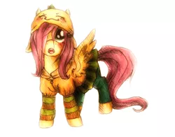 Size: 856x671 | Tagged: safe, artist:buttersprinkle, derpibooru import, fluttershy, clothes, colored pencil drawing, cute, fiesta online, hat, hoodie, jacket, leggings, looking up, pen drawing, rpg, shyabetes, simple background, skirt, solo, traditional art, younger