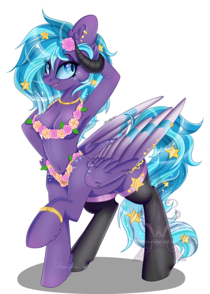 Size: 1024x1437 | Tagged: anthro, anthro centaur, armpits, artist:silent-shadow-wolf, centaur, clothes, derpibooru import, earring, flower, necklace, oc, pegataur, piercing, ponytaur, questionable, simple background, socks, solo, stars, transparent background, unofficial characters only