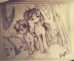 Size: 1017x832 | Tagged: safe, artist:kerslap, derpibooru import, twilight sparkle, twilight sparkle (alicorn), oc, oc:kerslap, alicorn, pony, unicorn, canon x oc, cutie mark, date, female, house, houses, looking at each other, mare, paper, shipping, sign, street, wander