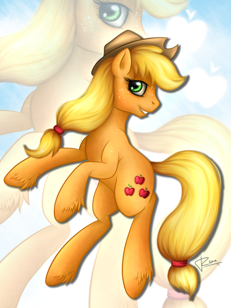 Size: 1200x1600 | Tagged: safe, artist:puggie, derpibooru import, applejack, earth pony, pony, blonde, detailed, female, freckles, green eyes, hat, help, looking at you, mare, patreon, rearing, shading, shadow, solo, support, unshorn fetlocks, zoom layer