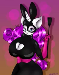 Size: 2178x2759 | Tagged: anthro, artist:comaofsouls, bdsm, big breasts, breasts, bunny suit, busty rarity, clothes, corset, derpibooru import, dominatrix, evening gloves, female, gloves, huge breasts, latex, mask, rarity, riding crop, solo, solo female, suggestive, whip