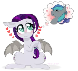 Size: 1311x1200 | Tagged: safe, artist:kaikururu, derpibooru import, oc, oc:sweet hum, oc:swift edge, unofficial characters only, bat pony, pony, couple, cute, daydream, fangs, female, heart, love, male, married couple, slit eyes, straight, sweetedge, thought bubble