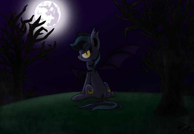 Size: 2900x2000 | Tagged: safe, artist:machstyle, derpibooru import, bat pony, pony, both cutie marks, looking back, moon, night