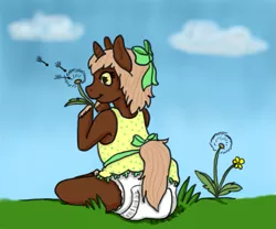 Size: 609x507 | Tagged: safe, artist:lazer_the_hyena, derpibooru import, oc, oc:pembroke, unofficial characters only, pony, semi-anthro, unicorn, clothes, cloud, cute, dandelion, diaper, dress, foal, grass, hair bow, sitting, solo, spring