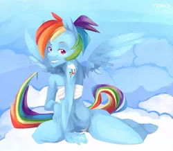 Size: 1280x1115 | Tagged: alternative cutie mark placement, anthro, artist:moxaji, bandage lingerie, clothes, cloud, derpibooru import, female, lip bite, looking at you, panties, rainbow dash, sitting, solo, solo female, spread wings, suggestive, tube top, underwear