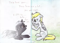 Size: 1024x728 | Tagged: safe, artist:islamilenaria, derpibooru import, derpy hooves, monochrome sunset, pegasus, pony, crying, fading, female, i have been and always shall be your friend, mare, sad, traditional art