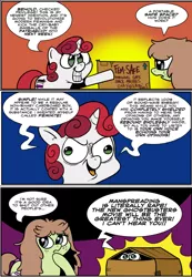 Size: 1274x1840 | Tagged: artist:catfood-mcfly, candybetes, cardboard box, derp, derpibooru import, feminazi, fury belle, ghostbusters, hiding, oc, oc:candy skies, oc:checked privilege, safe, satire, social justice warrior, sweetie belle