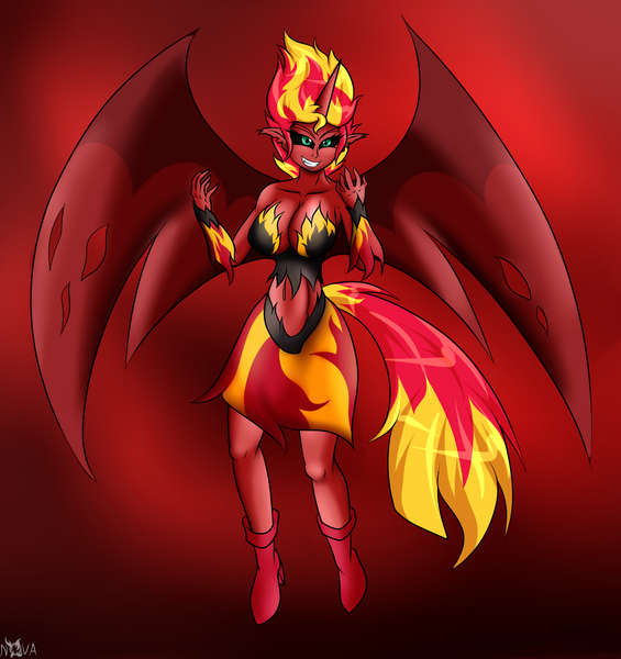 Size: 1600x1700 | Tagged: safe, artist:novaspark, derpibooru import, sunset shimmer, equestria girls, breasts, busty sunset shimmer, clothes, female, horn, simple background, solo, sunset satan