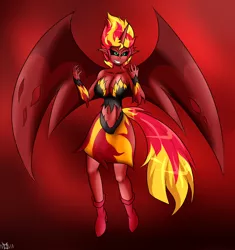 Size: 1600x1700 | Tagged: safe, artist:novaspark, derpibooru import, sunset shimmer, equestria girls, breasts, busty sunset shimmer, clothes, female, horn, simple background, solo, sunset satan