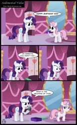 Size: 1388x2240 | Tagged: safe, artist:toxic-mario, derpibooru import, rarity, sweetie belle, comic, present, rock