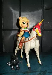 Size: 591x850 | Tagged: safe, derpibooru import, applejack, equestria girls, action figure, clothes, crossover, doll, equestria girls minis, eqventures of the minis, fuunsaiki, g gundam, humans riding horses, mobile fighter g gundam, pony ears, ravage, skirt, toy, transformers