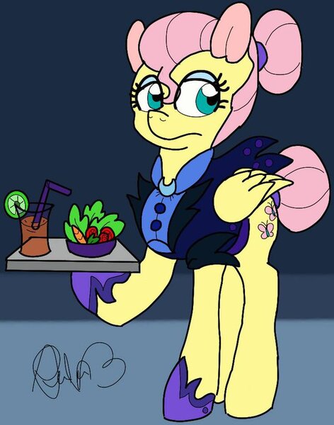 Size: 600x763 | Tagged: alternate timeline, artist:sweetheart-arts, derpibooru import, fluttershy, food, juice, night maid fluttershy, nightmare takeover timeline, safe, solo, tray