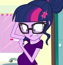 Size: 700x720 | Tagged: safe, derpibooru import, edit, edited edit, edited screencap, screencap, sci-twi, twilight sparkle, equestria girls, bathroom, delayed reaction, glasses, pregnancy test, pregnant, pregnant edit, pregnant equestria girls, purple, solo