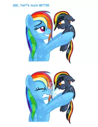 Size: 843x1089 | Tagged: safe, artist:royalrainbow51, derpibooru import, rainbow dash, oc, oc:sparks, bat pony, pony, adopted offspring, comic, foal, injured, orphan, parent:applejack, parent:rainbow dash, parents:appledash, spitting, wet, wet mane