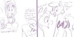 Size: 1280x640 | Tagged: artist:goat train, autograph, coloratura, comic, countess coloratura, derpibooru import, dialogue, looking down, macro, monochrome, mouth hold, open mouth, pen, plot, safe, sketch, smiling, svengallop