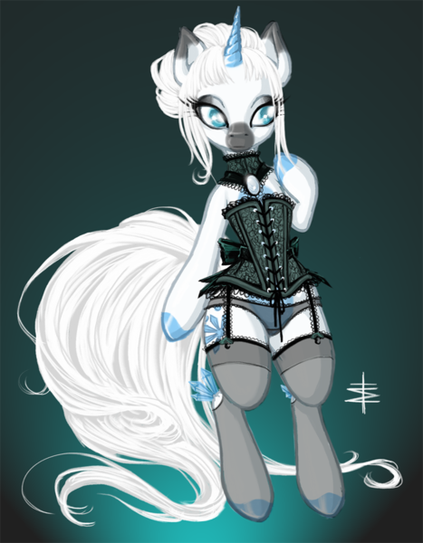 Size: 701x900 | Tagged: suggestive, artist:tt-n, derpibooru import, oc, oc:crispy flocon, unofficial characters only, pony, semi-anthro, bipedal, black underwear, choker, clothes, corset, crystal, eyeshadow, frilly underwear, garter belt, lingerie, makeup, markings, panties, see-through, see-through panties, see-through underwear, simple background, stockings, underwear, updo