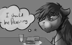 Size: 1280x802 | Tagged: artist:gaypyjamas, comic panel, derpibooru import, eating, explicit source, food, i should be drawing, monochrome, necklace, oc, oc:duhveed, safe, sandwich, solo, text, unofficial characters only