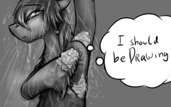 Size: 1280x802 | Tagged: artist:gaypyjamas, comic panel, derpibooru import, explicit source, i should be drawing, monochrome, oc, oc:duhveed, safe, showering, solo, text, unofficial characters only
