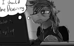 Size: 1280x802 | Tagged: artist:gaypyjamas, comic panel, computer, derpibooru import, explicit source, i should be drawing, laptop computer, monochrome, oc, oc:duhveed, safe, solo, text, tired, unofficial characters only