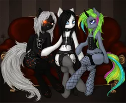 Size: 900x732 | Tagged: suggestive, artist:tt-n, derpibooru import, oc, oc:becky, oc:daesyx vilre, oc:morbid malign, unofficial characters only, earth pony, pegasus, pony, semi-anthro, black underwear, clothes, corset, couch, fishnets, frilly underwear, lingerie, panties, sitting, stockings, thigh highs, underwear