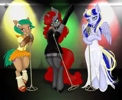 Size: 900x741 | Tagged: safe, artist:tt-n, derpibooru import, oc, oc:allure, oc:serene grace, oc:ulani, unofficial characters only, pony, semi-anthro, armpits, bipedal, clothes, dress, frilly underwear, panties, see-through, singing, skirt, stockings, underwear, upskirt, white underwear, yellow underwear