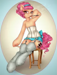 Size: 687x900 | Tagged: armpits, artist:tt-n, blue underwear, chair, cigarette, cigarette holder, clothes, corset, derpibooru import, frilly underwear, garters, oc, oc:sock hop, panties, pinup, polka dot underwear, semi-anthro, sitting, smoking, solo, suggestive, underwear, unofficial characters only