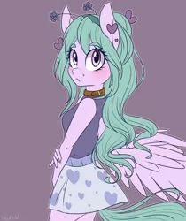 Size: 2100x2500 | Tagged: anthro, anthro oc, artist:silbersternenlicht, blushing, clothes, collar, cute, derpibooru import, flower, gray background, hair accessory, hairband, heart, looking back, oc, pegasus, safe, simple background, skirt, solo, tanktop, unofficial characters only, wings