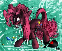 Size: 984x815 | Tagged: artist:pedantczepialski, balloon, derpibooru import, foaming at the mouth, nightmare, nightmare pinkie, nightmarified, pin, pinkie pie, record, safe, solo