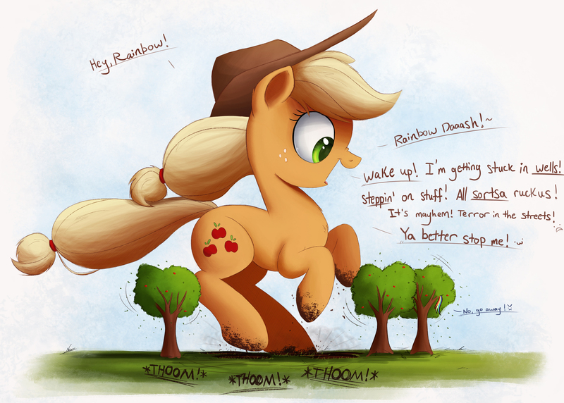 Size: 4000x2860 | Tagged: safe, artist:ncmares, derpibooru import, applejack, rainbow dash, pony, big-apple-pony, cute, dialogue, dirt, dirty, freckles, giantess, macro, nose wrinkle, open mouth, silly, silly pony, solo focus, tree