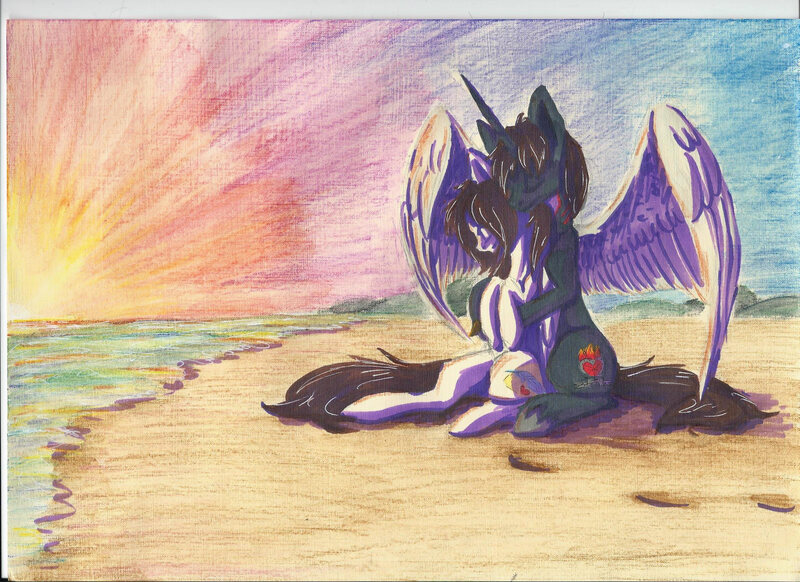 Size: 2338x1700 | Tagged: safe, artist:sunny way, derpibooru import, oc, oc:alex, oc:sunny way, unofficial characters only, alicorn, pegasus, pony, aleway, alicorn oc, beach, colored pencil drawing, evening, feather, feels, female, heart, hug, love, male, marker drawing, ocean, pencil, rcf community, straight, sunset, traditional art, wings