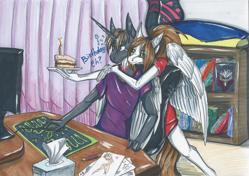 Size: 2321x1646 | Tagged: aleway, alicorn, alicorn oc, anthro, anthro oc, artist:sunny way, birthday, cute, derpibooru import, feather, food, funny, furry, gamer, gift art, heart, love, markers, oc, oc:alex, oc:sunny way, pegasus, pie, rcf community, safe, sweet, traditional art, unofficial characters only, wings