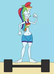 Size: 1493x2021 | Tagged: safe, artist:hunterxcolleen, derpibooru import, rainbow dash, human, equestria girls, barbell, beach, belly button, bikini, bikini top, clothes, feet, flexing, humanized, pose, sand, shorts, swimsuit