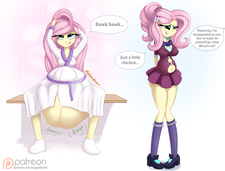 Size: 1576x1200 | Tagged: questionable, semi-grimdark, artist:augustbebel, derpibooru import, fluttershy, scootaloo, chicken, human, equestria girls, bathrobe, belly, belly button, big belly, breasts, busty fluttershy, chubby, clothes, death, dialogue, digestion, erect nipples, fat, fat fetish, female, fetish, flutterpred, image, implied scootaloo, impossibly large belly, nipple outline, png, robe, scootachicken, stomach noise, teasing, vore, weight gain