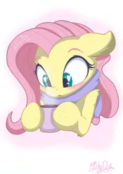 Size: 1228x1748 | Tagged: safe, artist:mistydash, derpibooru import, fluttershy, pony, beverage, blushing, clothes, cold, cute, female, food, mare, mug, open mouth, scarf, shyabetes, signature, solo, tea, wingding eyes