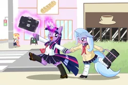 Size: 1500x1000 | Tagged: safe, artist:phoenixperegrine, derpibooru import, sunset shimmer, trixie, twilight sparkle, pony, semi-anthro, unicorn, bag, bipedal, blushing, cafe, clothes, counterparts, crosswalk, female, floppy ears, jealous, lesbian, levitation, magic, magical trio, open mouth, school uniform, schoolgirl, shipping, sidewalk, socks, sunsetsparkle, telekinesis, thigh highs, tsundere, twixie