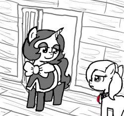 Size: 640x600 | Tagged: semi-grimdark, artist:ficficponyfic, derpibooru import, oc, oc:emerald jewel, oc:joyride, unofficial characters only, earth pony, pony, unicorn, colt quest, amulet, angry, boat, bowtie, clothes, confrontation, disappointed, door, eyeshadow, gloves, horn, pirate ship, scowl, ship, story included, unhappy, wood