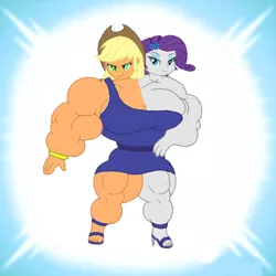 Size: 894x894 | Tagged: safe, derpibooru import, applejack, rarity, equestria girls, applejacked, breasts, buff, cleavage, conjoined, female, fusion, lesbian, muscles, rarijack, ripped rarijacked, ripped rarity, shipping, two heads, we have become one, what has science done