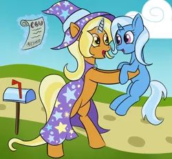 Size: 4000x3700 | Tagged: safe, artist:sethisto, derpibooru import, idw, sunflower spectacle, trixie, pony, unicorn, spoiler:comic, spoiler:comic40, clothes, female, filly, filly trixie, hat, like mother like daughter, mare, mother and daughter, wizard, wizard hat, young, younger