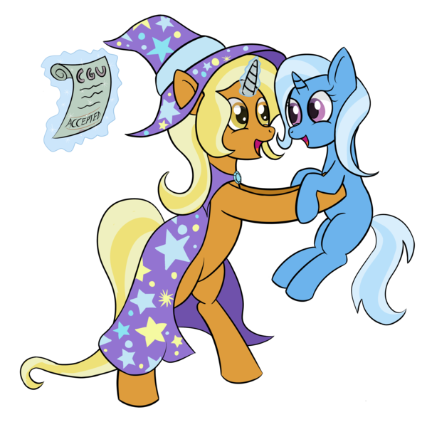 Size: 4000x4000 | Tagged: safe, artist:sethisto, derpibooru import, idw, sunflower spectacle, trixie, pony, unicorn, spoiler:comic, spoiler:comic40, clothes, female, filly, filly trixie, hat, like mother like daughter, mare, mother and daughter, wizard, wizard hat, young, younger