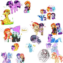 Size: 2200x2200 | Tagged: source needed, safe, artist:lotte, derpibooru import, sunset shimmer, trixie, twilight sparkle, twilight sparkle (alicorn), pony, equestria girls, blushing, clothes, collage, counterparts, female, humanized, japanese, lesbian, magical trio, ot3, scarf, shared clothing, shared scarf, shipping, sunsetsparkle, sunsetsparkletrix, suntrix, twilight's counterparts, twixie
