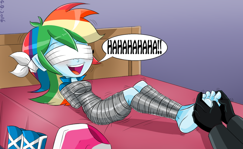 Size: 1228x756 | Tagged: questionable, artist:gaggeddude32, derpibooru import, rainbow dash, equestria girls, barefoot, bed, blindfold, bondage, boots, clothes, commission, duct tape, feet, gloves, kidnapped, laughing, mummification, offscreen character, open mouth, skirt, speech bubble, tape, tickle torture, tickling