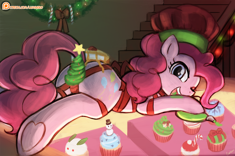 Size: 1125x750 | Tagged: alternate version, artist:lumineko, christmas, christmas wreath, derpibooru import, explicit source, female, gift wrapped, hat, holiday, merry hoofmas, patreon, patreon logo, pinkie pie, plot, ribbon, santa hat, solo, solo female, suggestive, underhoof