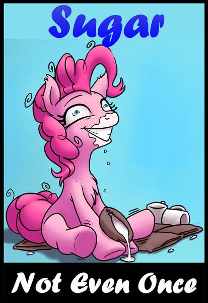 Size: 1448x2104 | Tagged: safe, artist:chromaskunk, artist:slb94, artist:stoic5, derpibooru import, edit, pinkie pie, earth pony, pony, chest fluff, female, food, implied drug use, leg twitch, mare, messy mane, not even once, sitting, snorting, solo, sugar (food), text edit, wide eyes