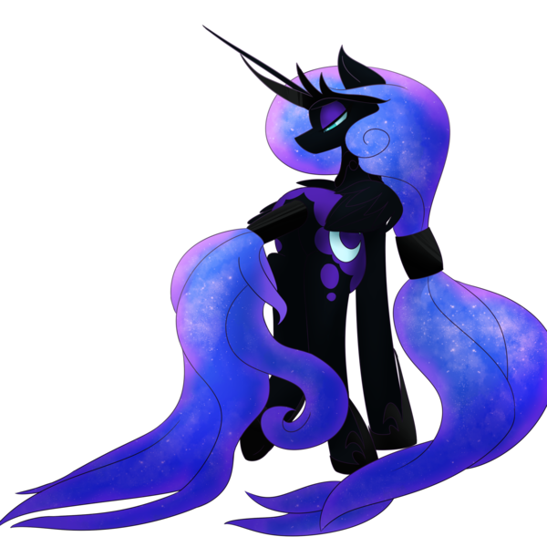 Size: 1800x1800 | Tagged: alternate hairstyle, artist:lunar-march, derpibooru import, looking back, nightmare moon, nightmare moonbutt, plot, ponytail, simple background, solo, suggestive, tail wrap, transparent background