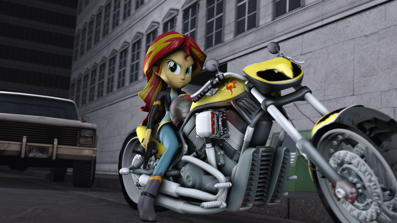 Size: 1920x1080 | Tagged: safe, artist:fd-daylight, derpibooru import, sunset shimmer, equestria girls, 3d, building, car, cutie mark, motorcycle, source filmmaker, tec-9, unamused