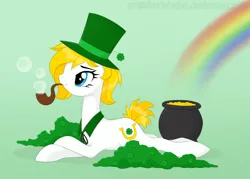 Size: 1260x900 | Tagged: safe, artist:shadobabe, derpibooru import, oc, oc:fortune flair, unofficial characters only, earth pony, pony, clover, female, four leaf clover, gold, hat, mare, pipe, rainbow, solo